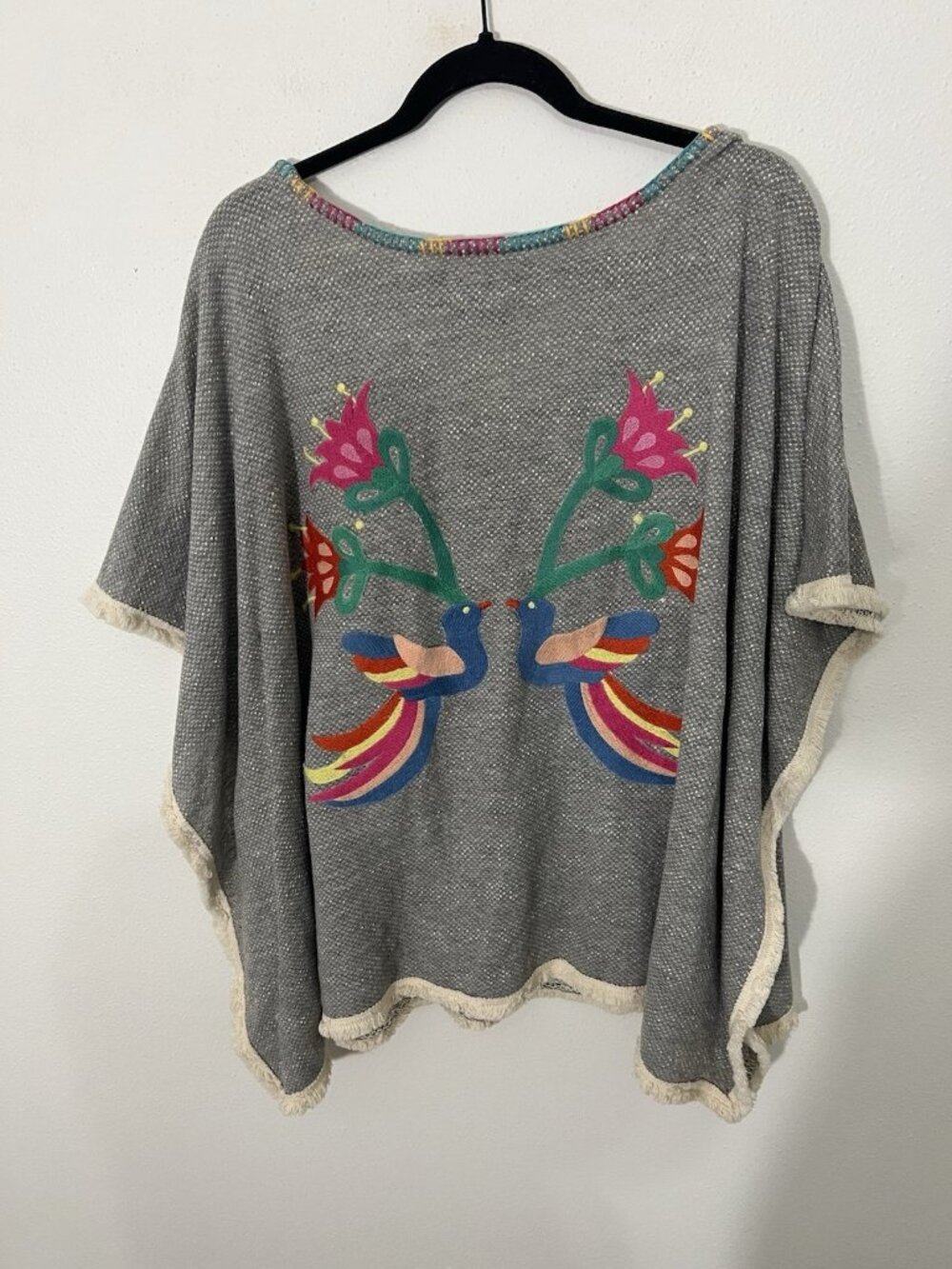 Judith March Gray Knit Poncho With Embroidered Birds Flowers On Back Size Medium